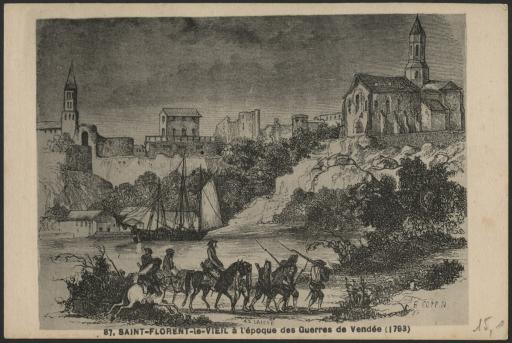 Reproduction d'une gravure représentant Saint-Florent-le-Vieil à l'époque de la guerre de Vendée (1793).